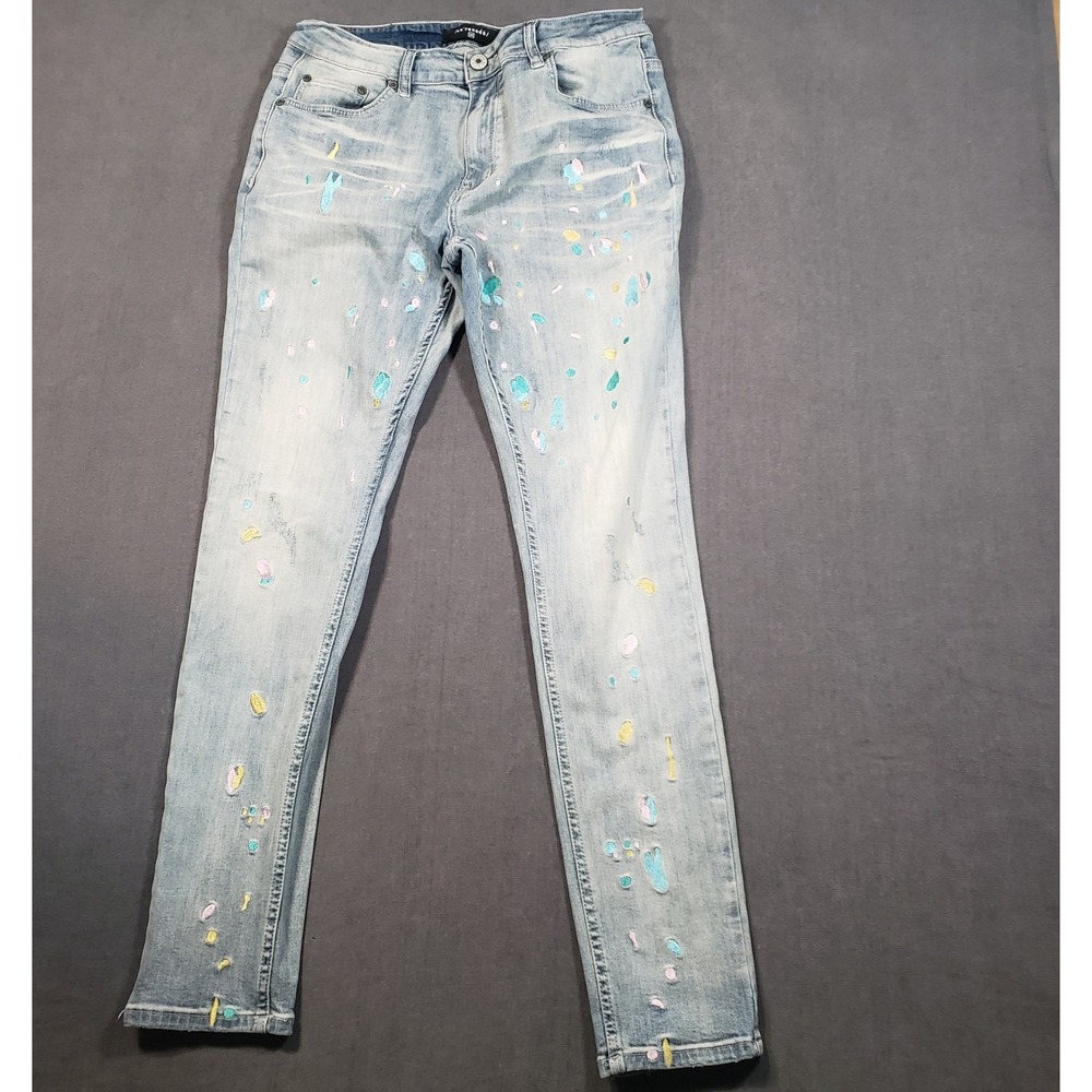 Serenade Slim Fit Jeans Mens 34 Light Blue Paint Splatter Embroidered Streetwear